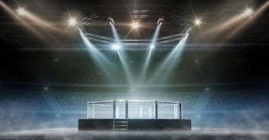 MMA kafes gecesi. Dövüş Şampiyonası. Dövüş gecesi. 3 boyutlu canlandırma arenası. Sahne ışıklarıyla arenanın manzarası. Tam Tribün