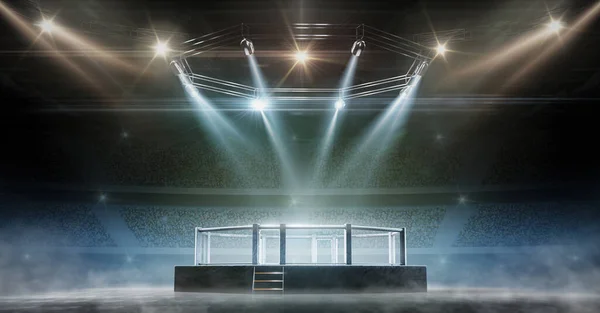 Noite da jaula MMA. Campeonato de Luta. Noite de luta. 3D renderizar arena MMA. Vista da arena por holofotes. Tribuno pleno — Fotografia de Stock