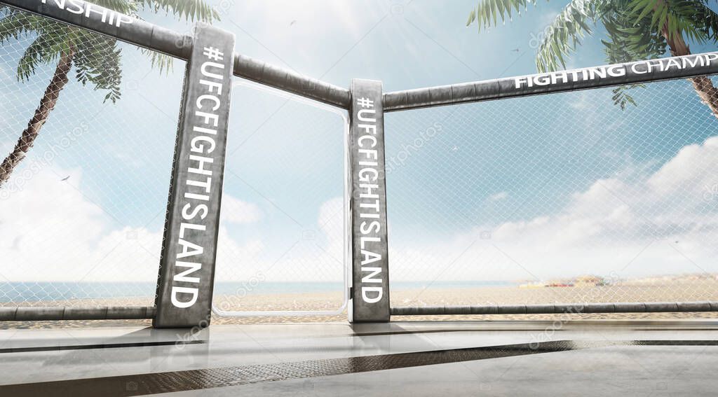Fight island. Location of the MMA tournament on the island. Bottom view. Octagon on the sand. Sport