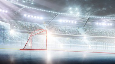 Boş hokey sahasındaki kırmızı kapı. Sahne ışıkları altında hokey kapıları. Hockeq arenası. Spor arkaplanı