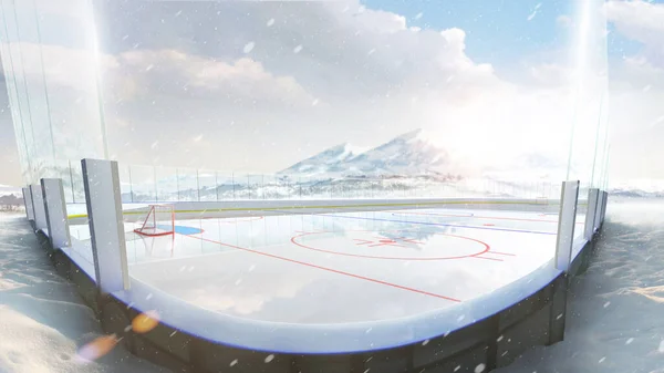 An outdoor hockey arena is lit by the sun. Hockey rink high in the mountains. Empty sports ice rink. Hockey stadium. Snowfall in the mountains. Wide angl — Stock Photo, Image