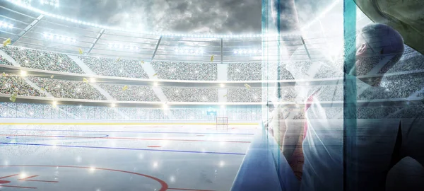 Hockey fans. Man waving flag. Group of fans cheer for their team victory on a stadium bleachers. Hockey arena — Stock Photo, Image