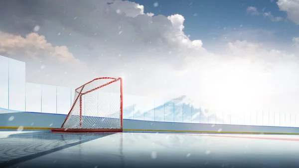Red gate on an empty hockey rink. Hockey goal in the spotlight. Hockey Arena. Sports background. Hockey rink high in the mountains. Snowfall — Stock Photo, Image