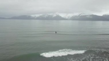 Bir yağmurlu kış gününde Alaska'da küçük dalgalar sörf çalışıyor