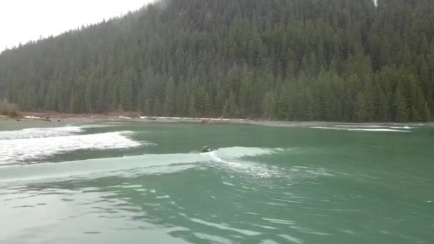 Tratando Surfear Olas Pequeñas Alaska Día Lluvioso Invierno — Vídeo de stock