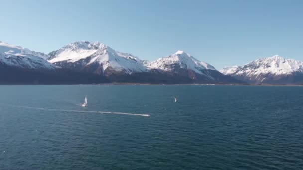 Kleine Fischerboote Segelboote Und Parasurfer Die Auf Der Auferstehungsbucht Alaska — Stockvideo