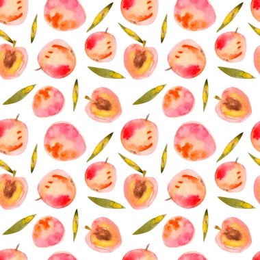 Sulu Boya Dikişsiz desen pembe ile şeftali ve yaprakları