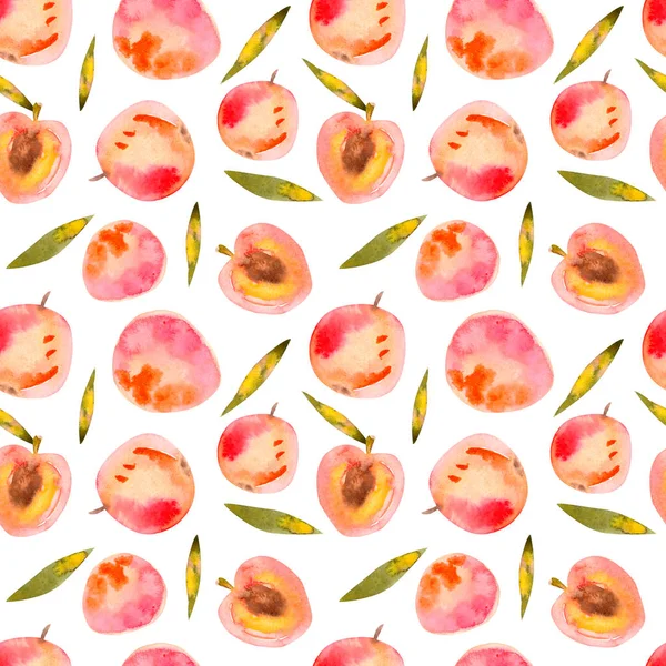 watercolor Seamless pattern with pink peaches and leaves