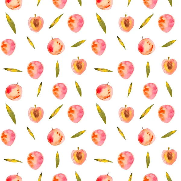 Акварель Безшовний візерунок з рожевими персиками і листям — стокове фото