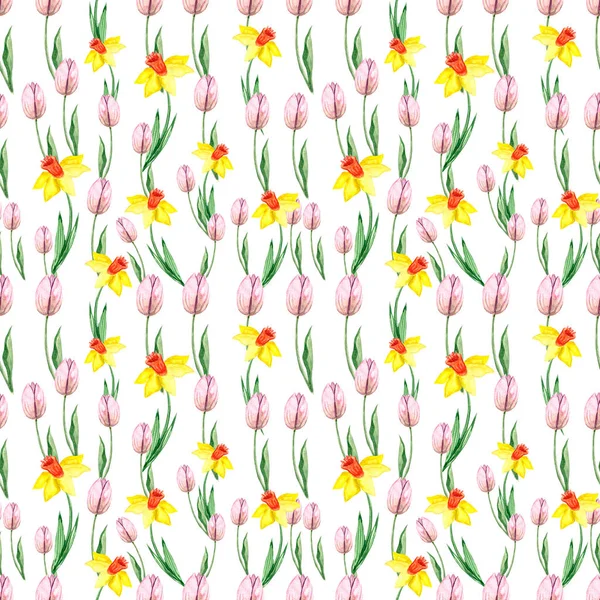 Padrão Com Verão Primavera Flores Brilhantes Aguarela Narciso Tulipas Verticais — Fotografia de Stock