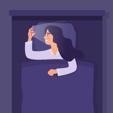 Gece saatlerinde yatakta akıllı telefon kullanan kız