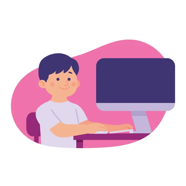 Niño Feliz Usando Ilustración Vectorial Computadora — Vector de stock