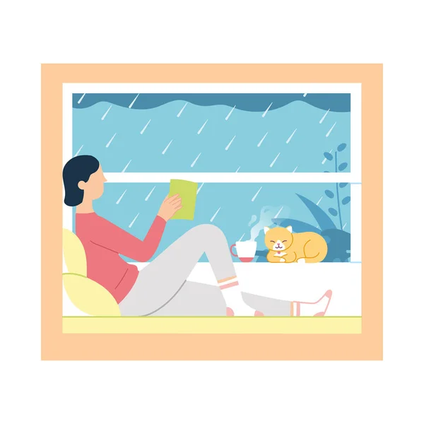 Ilustración Vectorial Del Libro Lectura Chicas Alféizar Ventana Mientras Lluvia — Vector de stock