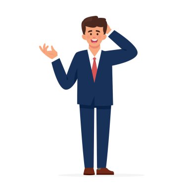 kafasına dokunan işadamı, başının arkasında elini tutan bir erkek işçi, işadamı utandı ve sorunu açıklamaya çalışıyor 