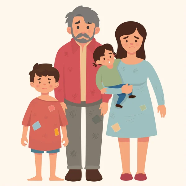 Poor Family Concept Father Mother Two Kids Bad Condition Hungry — Stock Vector