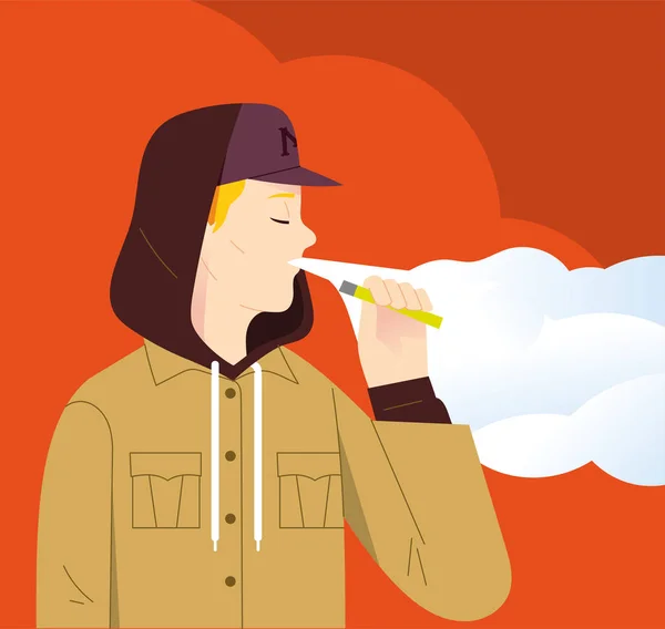 Young Boy Holding Electronic Cigarette Exhaling Lots Smoke Young Hipster — ストックベクタ