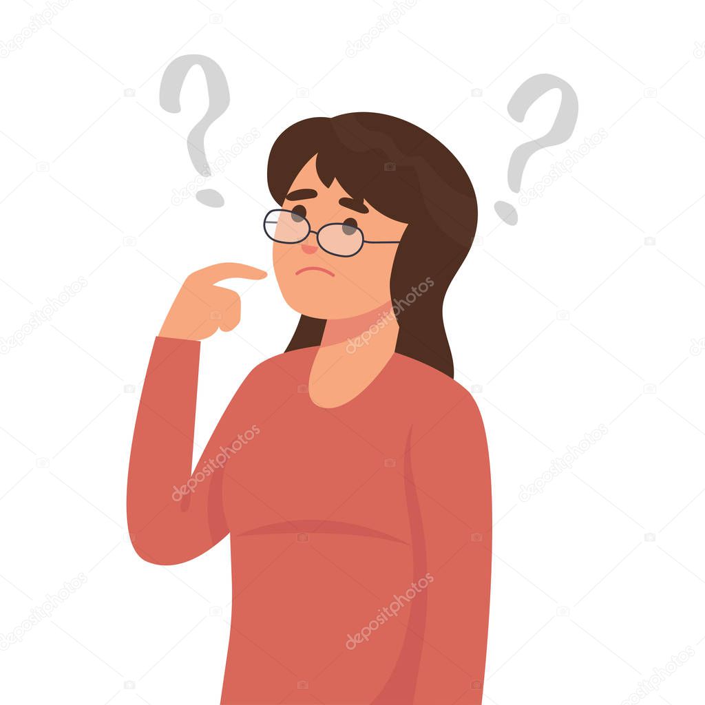 cartoon female character with confused expression and question signs