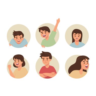 gülen ve gülen çizgi film gençler karakter çizimler seti