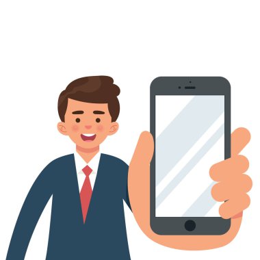 akıllı telefon ekrangösteren karikatür erkek işçi karakteri