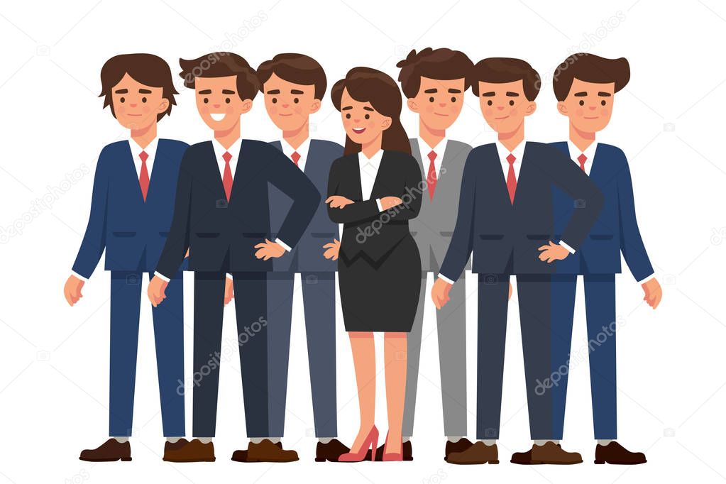 group of cartoon male employees with one female employee, gender inequality concept