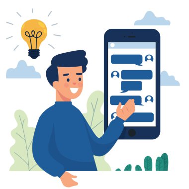 ekranda sohbet ile çizgi film erkek karakter ve büyük akıllı telefon