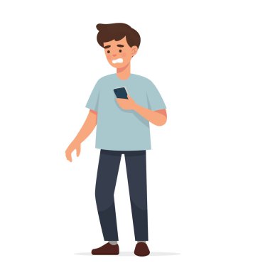 elinde akıllı telefon ile korkmuş karikatür erkek karakter