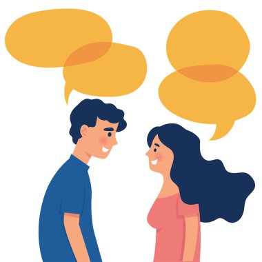 erkek ve kadın çizgi film karakterleri konuşuyor, boş konuşma baloncukları