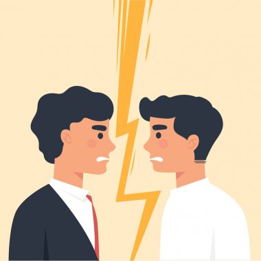 çatışma, vektör illüstrasyon takım elbise ve t-shirt giyen karikatür erkekler