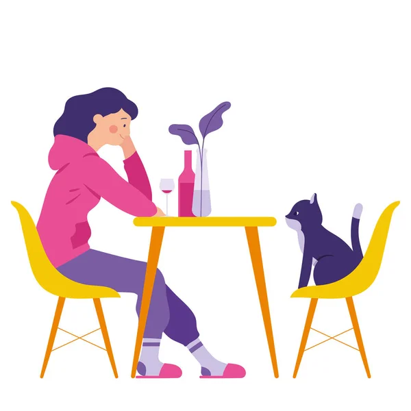 Personaje Femenino Dibujos Animados Sentado Mesa Con Gato — Vector de stock