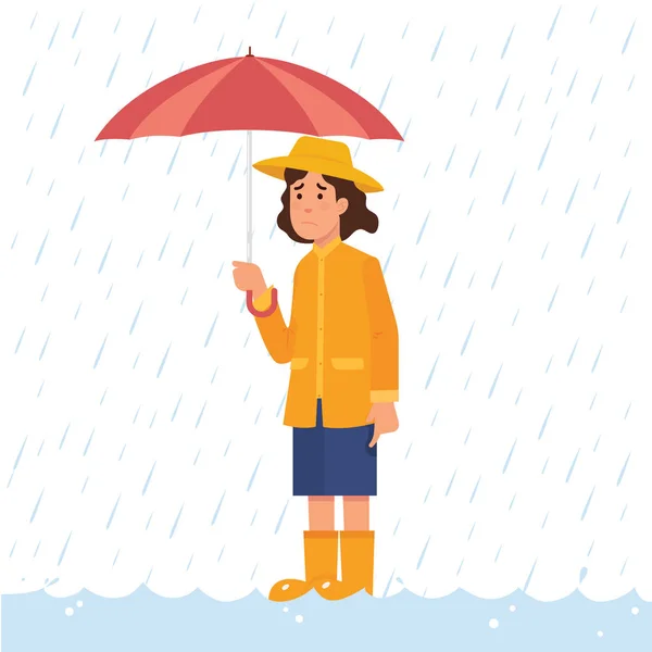 Cartoon Female Character Wearing Raincoat Rubber Boots Umbrella Rain — Stock Vector