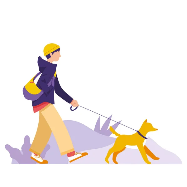 Cartoon Mannelijke Karakter Wandelen Met Hond Vector Illustratie — Stockvector