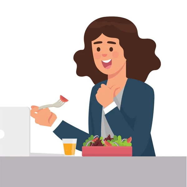 Üzletasszony Étkezési Saláta Laptop Ebéd Koncepció Illusztráció — Stock Vector