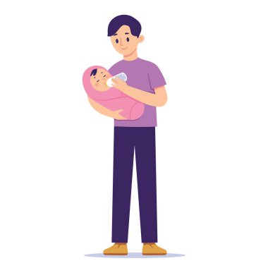 genç baba sevgi ile yeni doğan bebeklere süt verir, çocuk ve baba arasında sevgi bağı, vektör karakter illüstrasyon