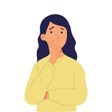 genç kız çenesine bir parmak koyar, gözlerini yukarı yönlendirir ve düşünüyor