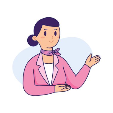 genç kadın uçuş görevlisi olarak çalışıyor, dost uçuş görevlisi ellerini kaldırıyor ve uçağın güvenliğini tanıtıyor, vektör illüstrasyon karakteri