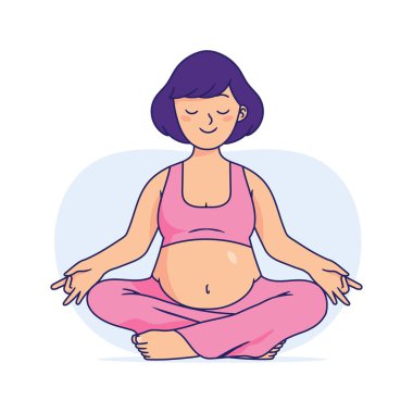 hamile kadın yoga yapıyor, hamile kadınlar gevşeme yapıyor, hamilelik oturan kadın ve dinlenmek için çalışırken gözlerinizi kapatın, vektör karakter illüstrasyon