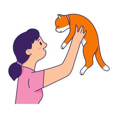 bir kedi taşıyan genç kadın, genç kadın kedi yükseltir ve kedi, kadın ve zencefil kedi vektör illüstrasyon görünce gülümsüyor