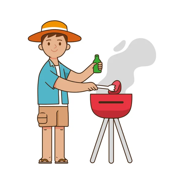 Joven Asadores Carne Con Una Parrilla Mientras Que Celebración Cerveza — Vector de stock