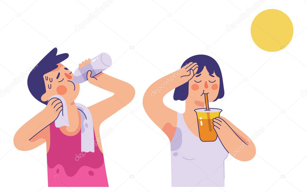 vector illustration young man and woman drinking water and orange juice in very hot summer days, boy and girl sweating after doing sport 