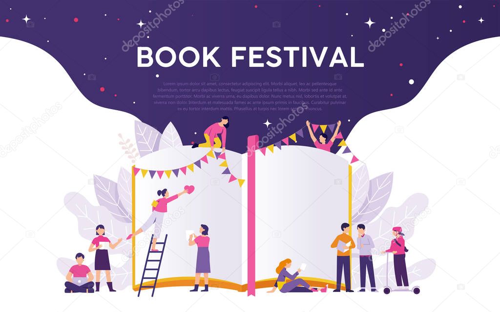 book festival illustration vector concept, people work for book festival, open big book with colorful flag for party and festival 