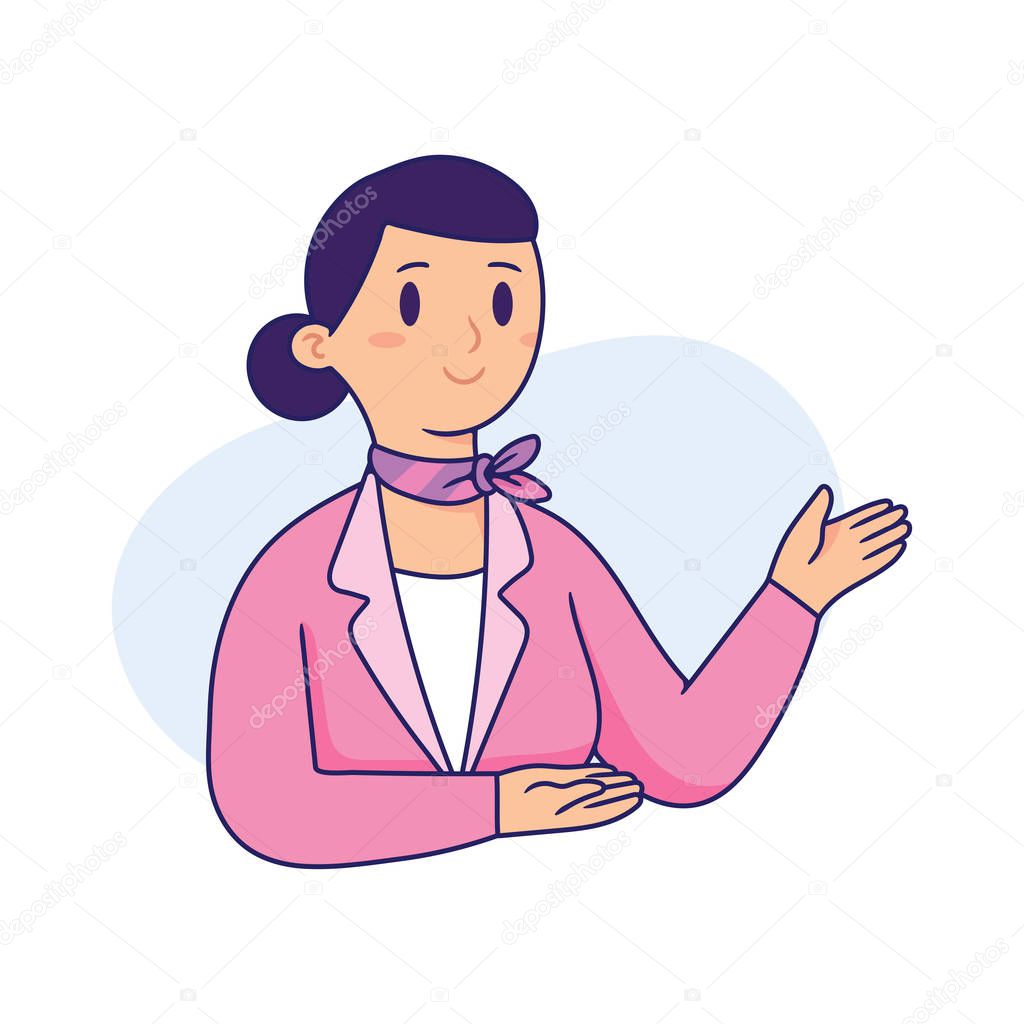 young woman works as flight attendant, friendly flight attendant is raising her hands and introducing the safety of the plane, vector illustration character