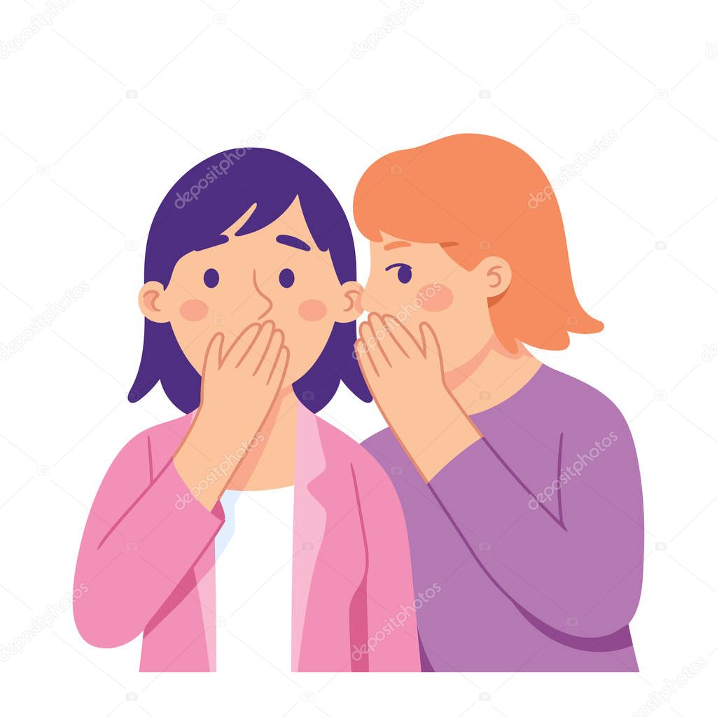 young woman whispering to her friend and surprise her, young woman listening a gossip from her friend, gossip girl  concept vector illustratio character