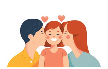 anne ve baba sevgi ile kızlarının yanakları öpücük, mutlu bir aile için sevgi ve sevgi vektör çizim kavramı 