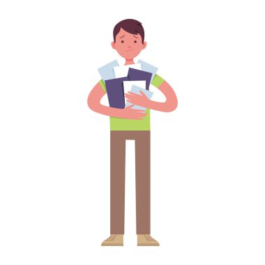 genç erkekler kağıt yığınları taşımak, aşırı çalışma kavramı ve iş yorgun, şok yüzleri olan erkekler ve kağıt faturaları taşıyan