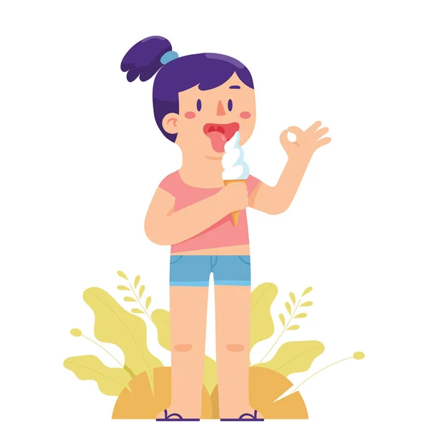 Chica Joven Lame Helado Cono Calor Del Verano Vector Carácter — Vector de stock