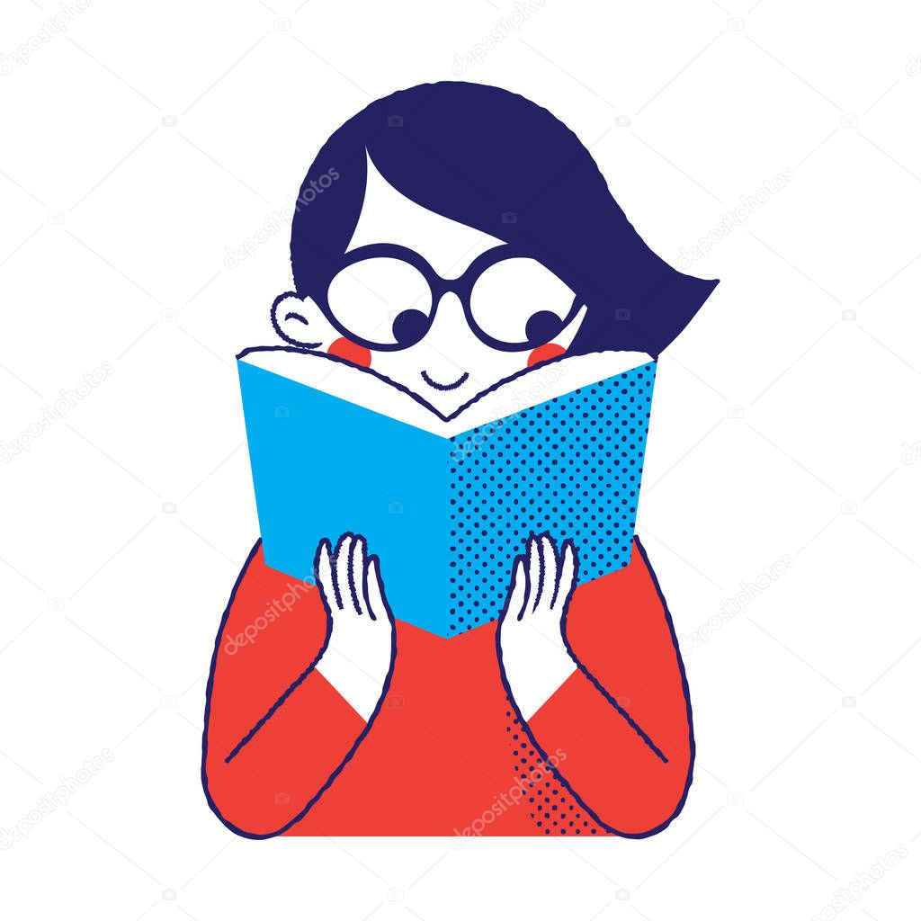 young woman reads a book, an illustration of young girl vector character with a spectacle reading a book