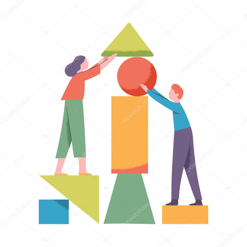 teamwork arranging abstract geometric shapes, concept of good cooperation, cartoon flat vector illustration
