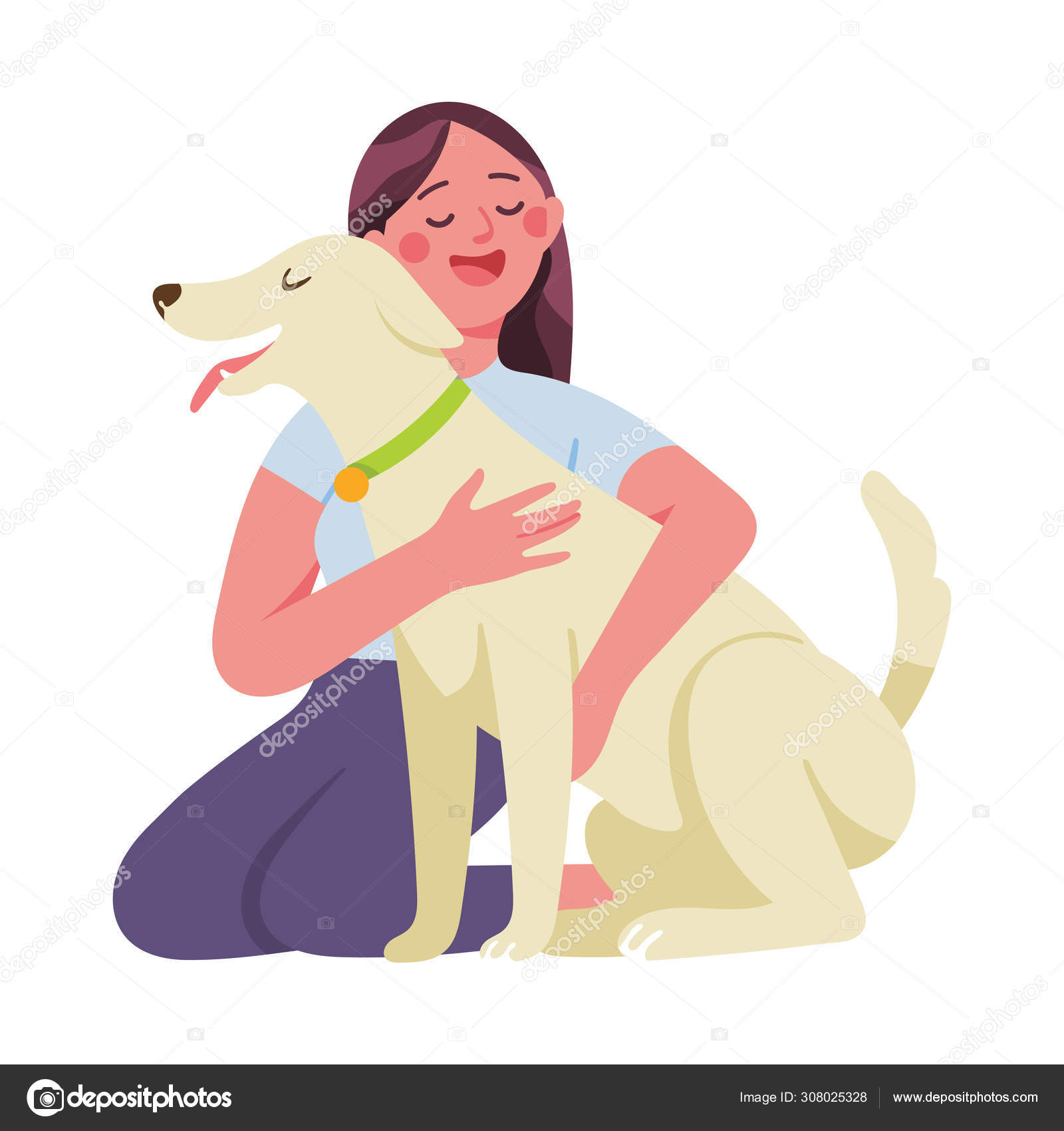 여자는 그녀의 따뜻함과 사랑으로 그녀의 사랑하는 강아지의 머리를 쓰다듬어 인간과 스톡 벡터 - ©pizzastereo 308025328