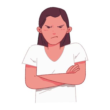 genç kadın kızgın bir ifade ile vücudunun önünde kollarını katlanmış, kadın portre öfkeli bir yüz ifadesi gösterdi