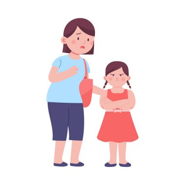 küçük kız kızgın ve somurtkan görünüyor, onu kızgın küçük kızı sakinleştirmeye çalışan bir anne, aile ebeveynlik kavramı